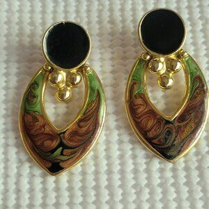 Gold Tone Swirled Marbled Brown Green Black Enamel Pierced Drop Stud Earrings